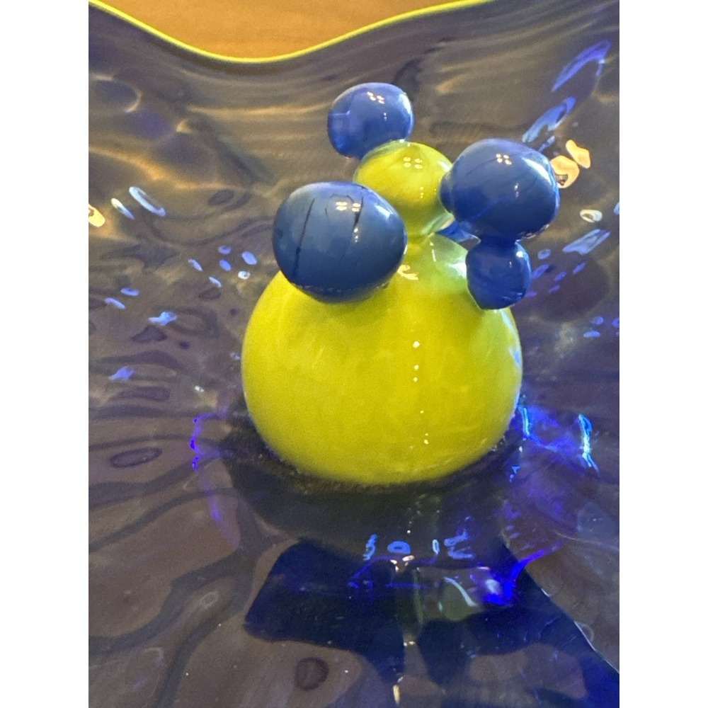 Hand Blown Art Glass Bowl Blue w Green Rim Prunt Center 12" Modern - Picture 9 of 10